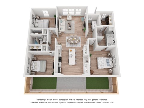 Floor plan for 3 beds, 2 baths, 1257 sqft
